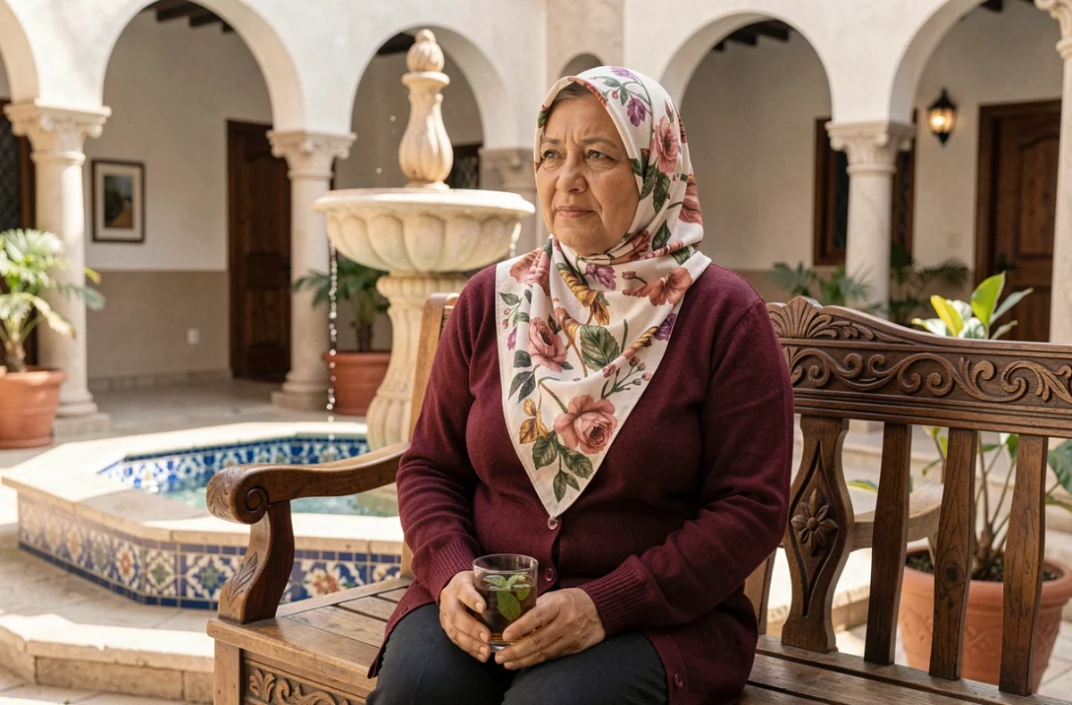 Femme nord-africaine en hijab floral assise dans un patio traditionnel orné de mosaïques, tenant un verre de thé à la menthe