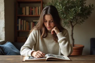 Jeune femme méditerranéenne feuilletant un album photo dans un salon chaleureux