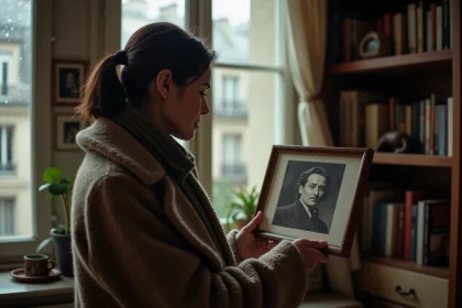 Femme regardant un portrait de Gainsbourg dans un appartement parisien