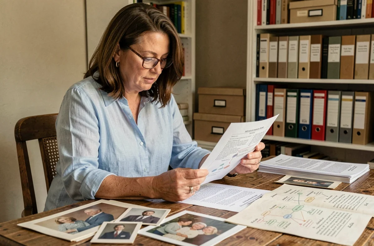 Femme consultant un rapport de test ADN généalogique avec de vieilles photos de famille sur un bureau en bois
