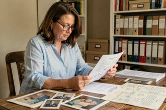 Femme consultant un rapport de test ADN généalogique avec de vieilles photos de famille sur un bureau en bois