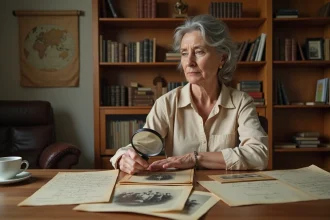 Femme française recherchant ses ancêtres étrangers avec de vieilles photographies et documents généalogiques sur un bureau en bois