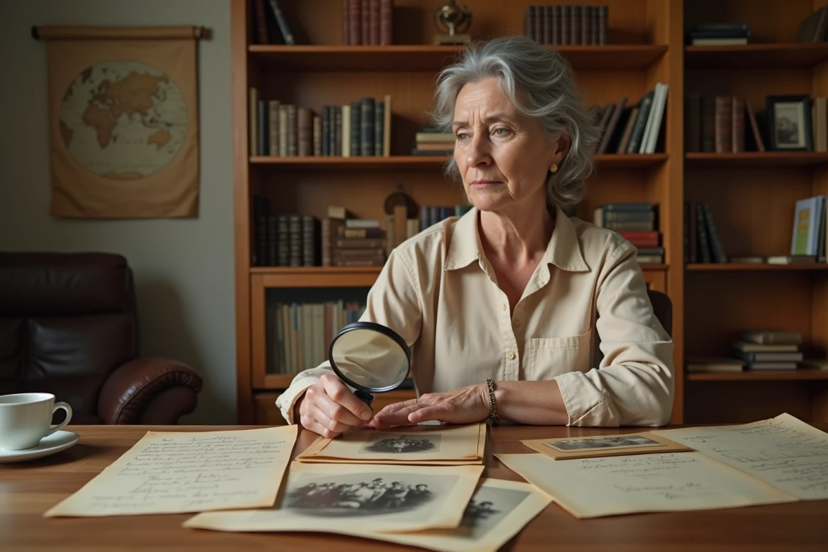Femme française recherchant ses ancêtres étrangers avec de vieilles photographies et documents généalogiques sur un bureau en bois