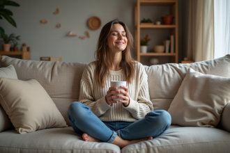 Femme détendue avec mug dans un salon cosy