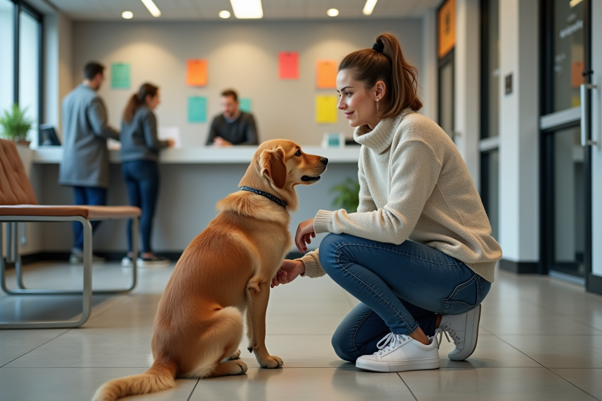 Femme et chien retriever dans centre d adoption