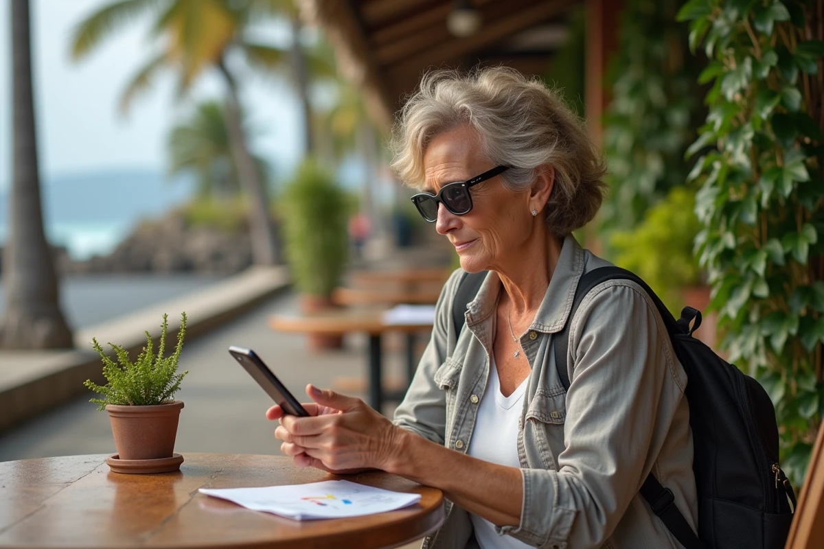 Femme regardant prix de billets dans un café à Réunion