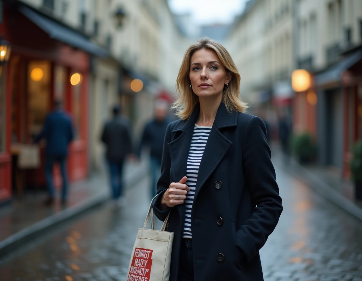 Femme marchant dans les rues pavées de Montmartre portant un tote bag féministe, portrait urbain illustrant l'engagement quotidien et l'intimité assumée