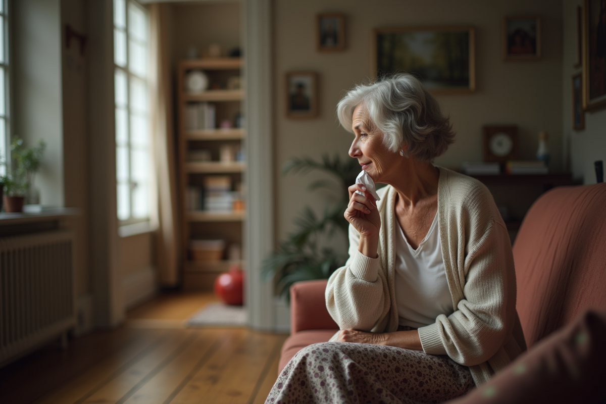 Femme assise sur un canapé dans un intérieur chaleureux