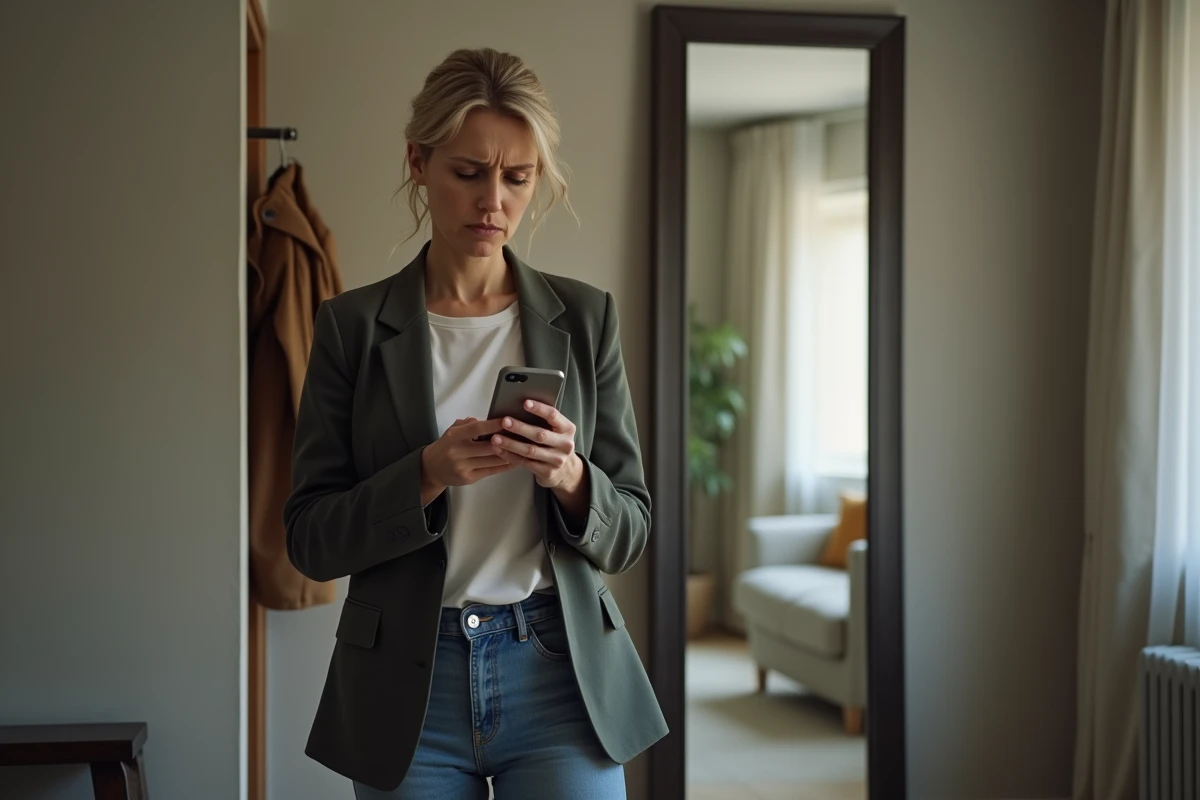 Femme seule dans un couloir d'appartement regardant son téléphone avec inquiétude, symbolisant la peur du scandale lié aux réseaux sociaux dans une relation illégitime
