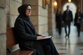 Femme assise seule dans un hall de tribunal sombre