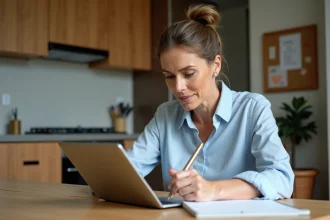 Femme d'âge moyen utilisant une tablette dans une cuisine organisée