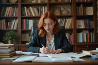 Jeune femme en bureau politique avec livres et documents