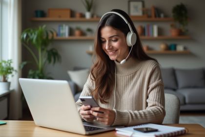 Femme souriante travaillant à son bureau à domicile avec son smartphone