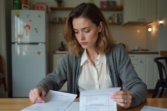 Femme examinant des factures à la maison