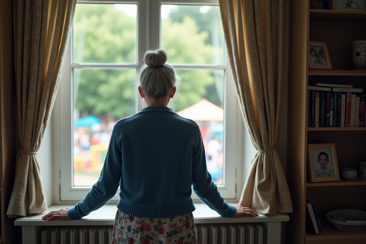 Femme âgée regardant par la fenêtre vers un terrain de jeu