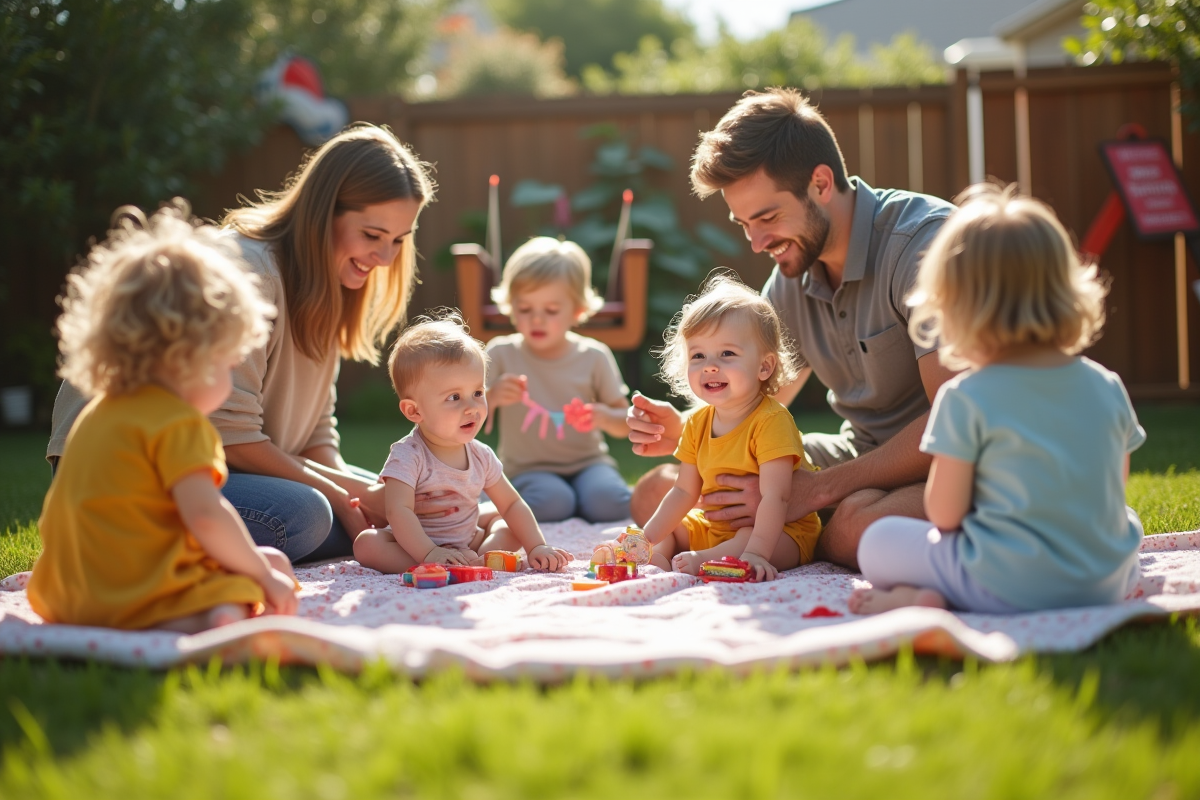Parents et enfants autour d une couverture en plein air