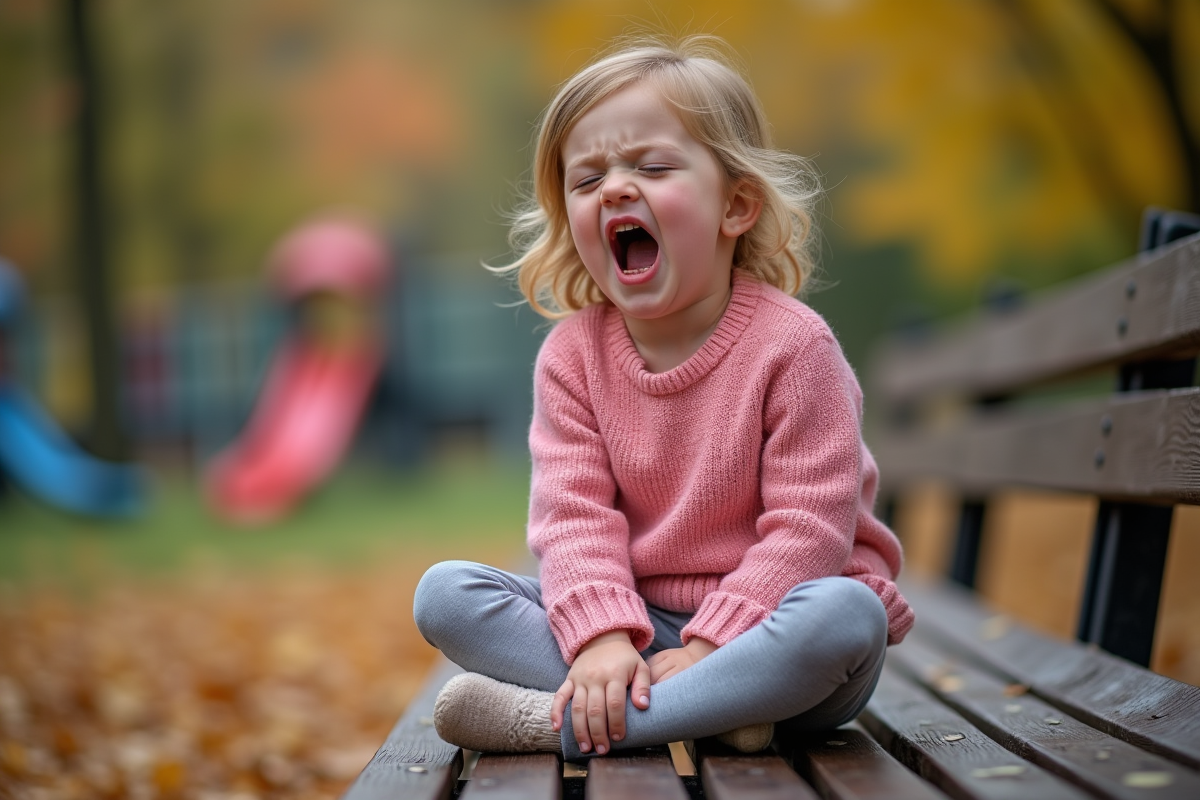 Fille de 5 ans criant sur un banc de parc
