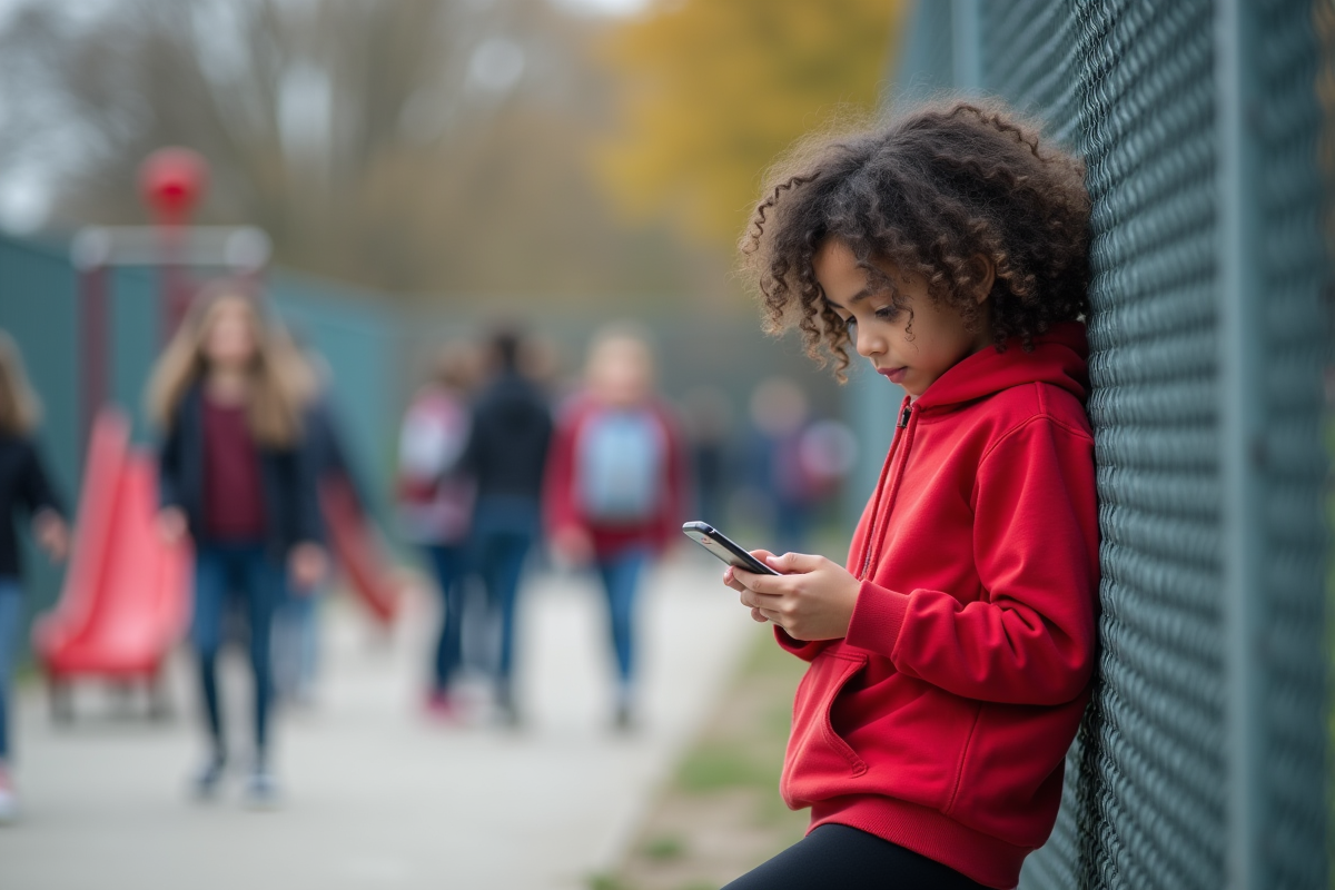 Fille de 12 ans regardant son smartphone dans la cour d