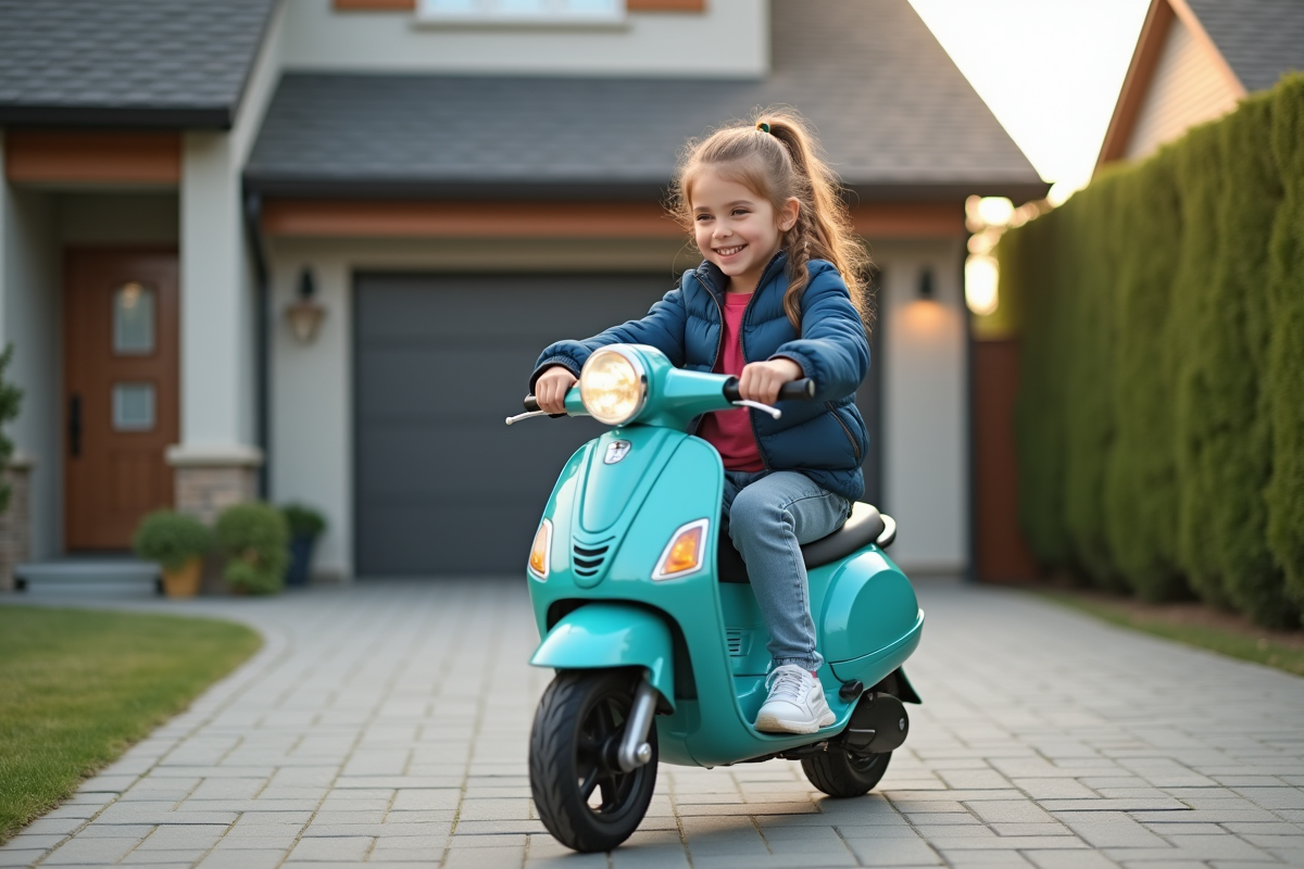 Fille de 14 ans souriante sur un scooter devant une maison