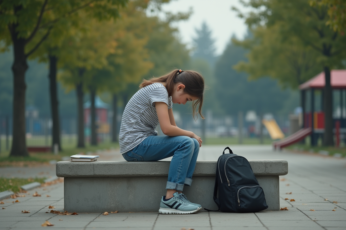 Fille assise seule dans la cour scolaire