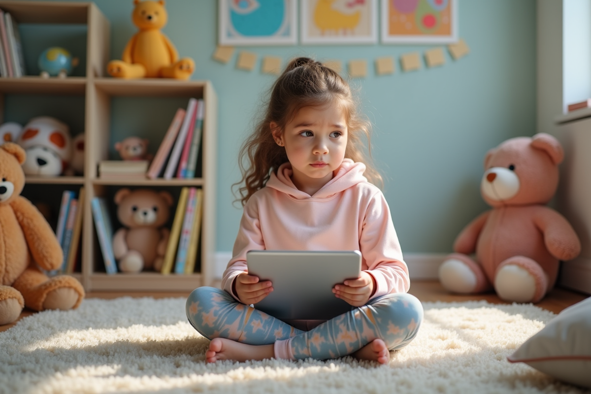 Fille de 8 ans regardant sa tablette dans sa chambre