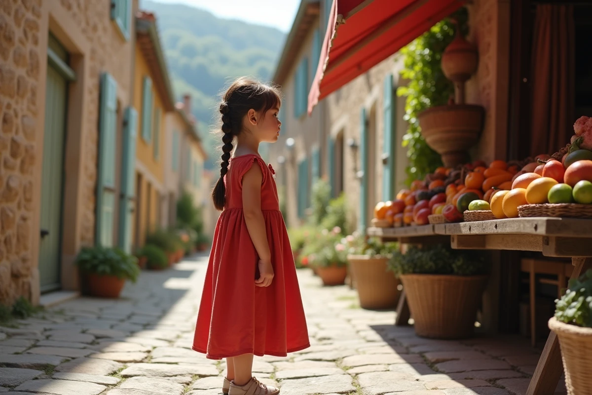 Jeune fille dans un village provençal regardant un marché traditionnel