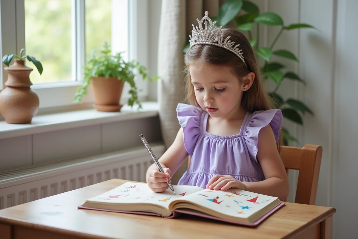 Fillette habillée en princesse écrivant des devinettes dans un journal de contes avec une couronne scintillante et des livres illustrés