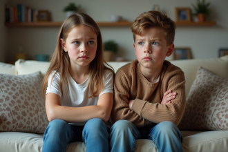 Deux adolescents assis sur un canapé en famille avec tension