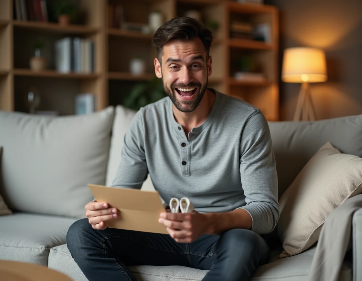 Futur papa découvrant des chaussons de bébé et une carte d'annonce de grossesse avec une expression émue dans le salon