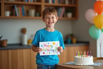 Garçon de 8 ans souriant tenant une carte d'anniversaire faite main dans une cuisine familiale décorée de ballons