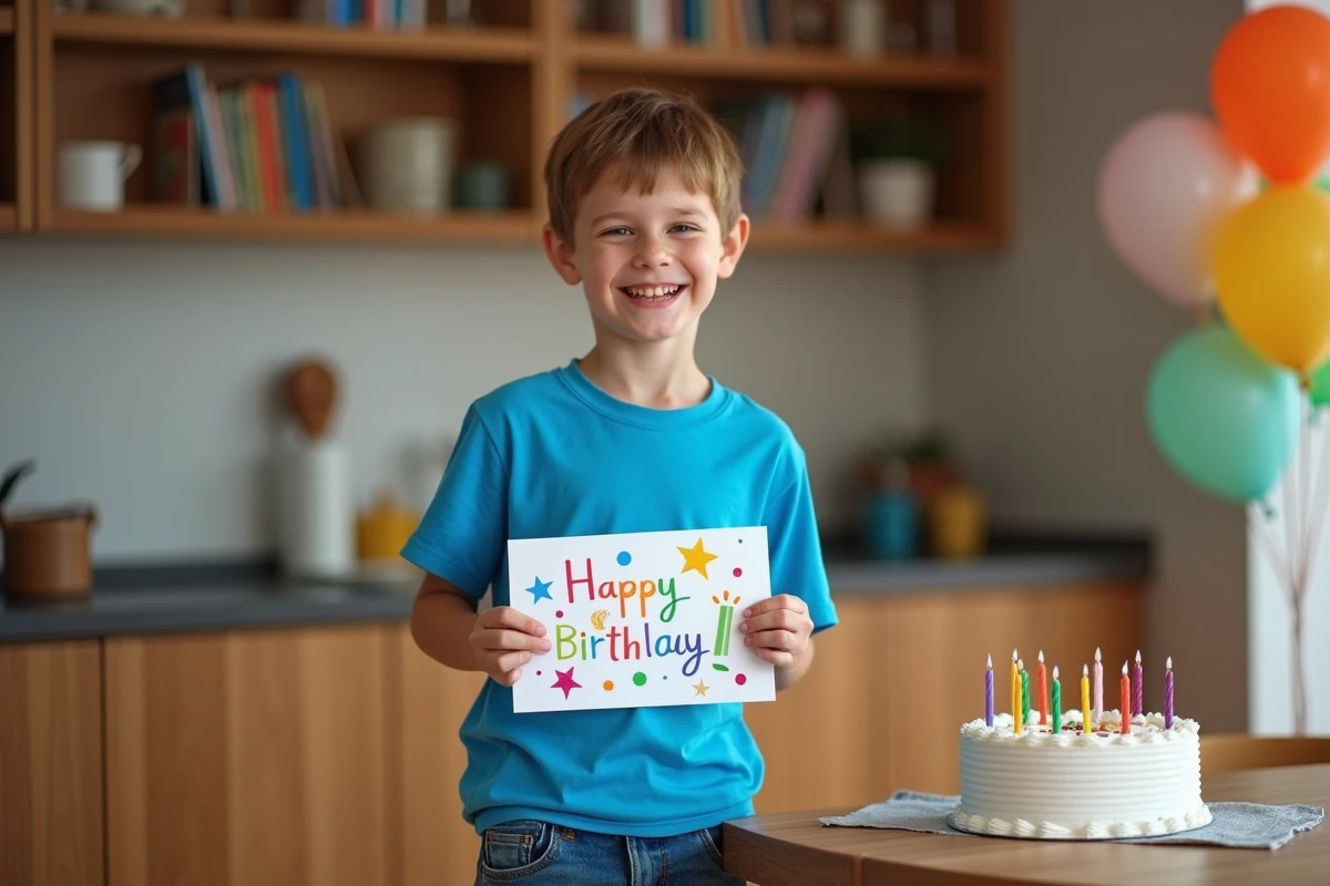 Garçon de 8 ans souriant tenant une carte d'anniversaire faite main dans une cuisine familiale décorée de ballons