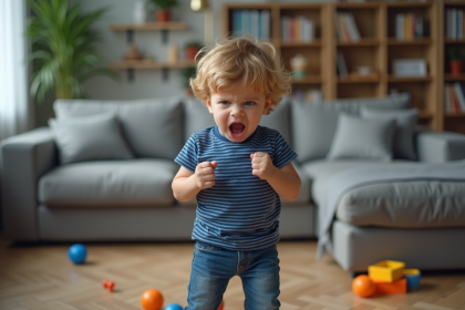 Garçon de 6 ans en colère dans un salon moderne