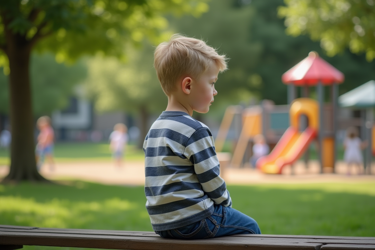 Garçon de 8 ans assis seul sur un banc dans un parc