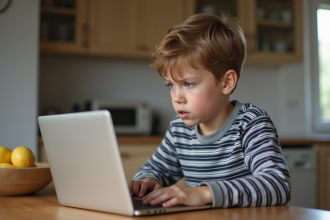 Garçon de 10 ans concentré devant un ordinateur dans la cuisine