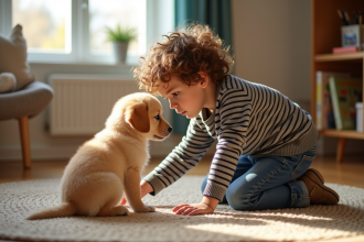 Garçon de six ans caressant un chiot golden retriever dans un salon lumineux