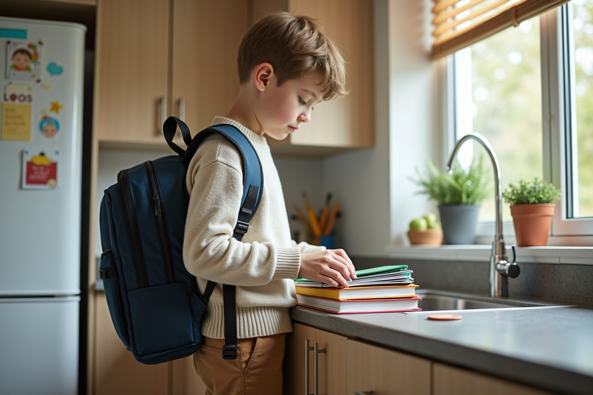 Garçon de douze ans organisant ses fournitures dans la cuisine