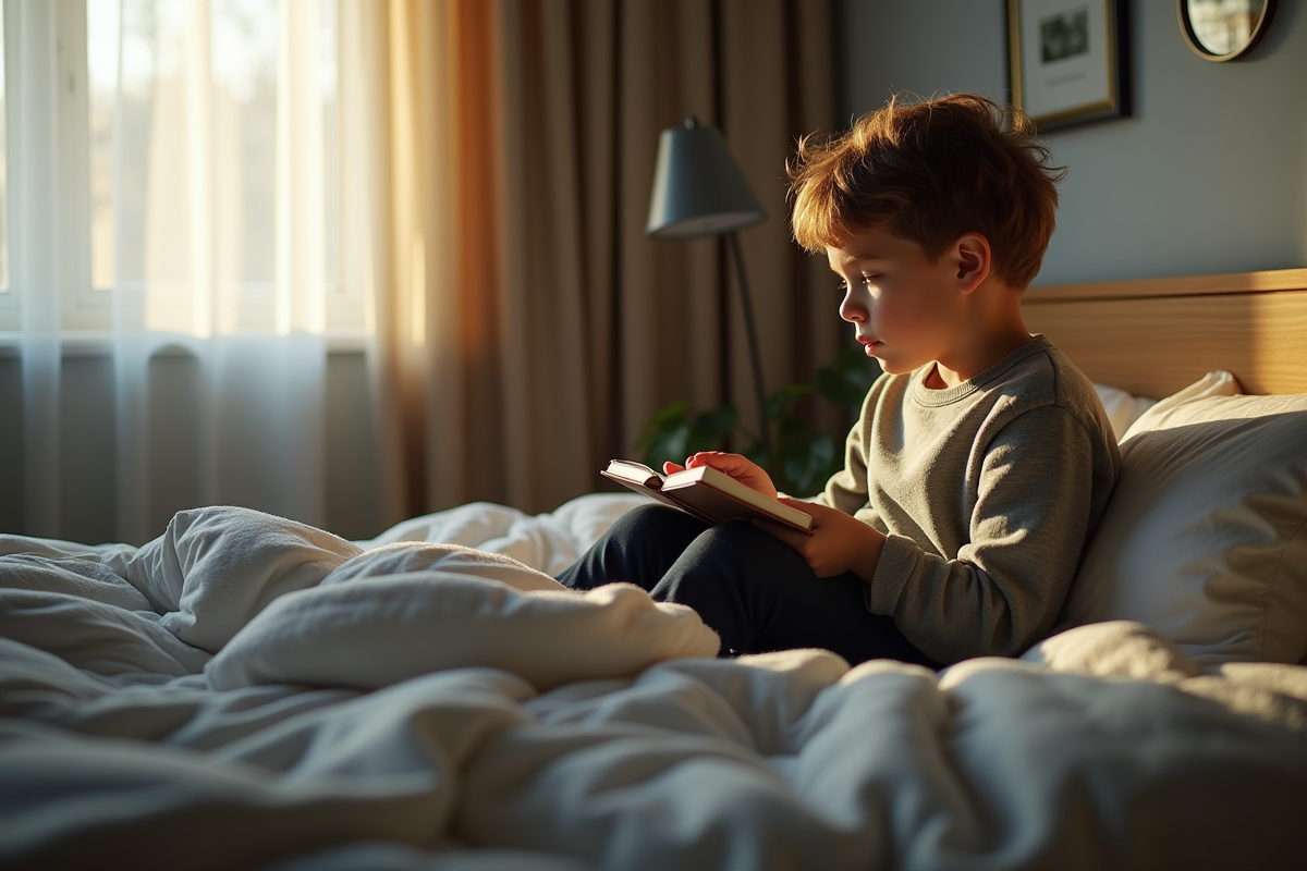 Garçon adolescent seul dans sa chambre avec journal et lumière douce