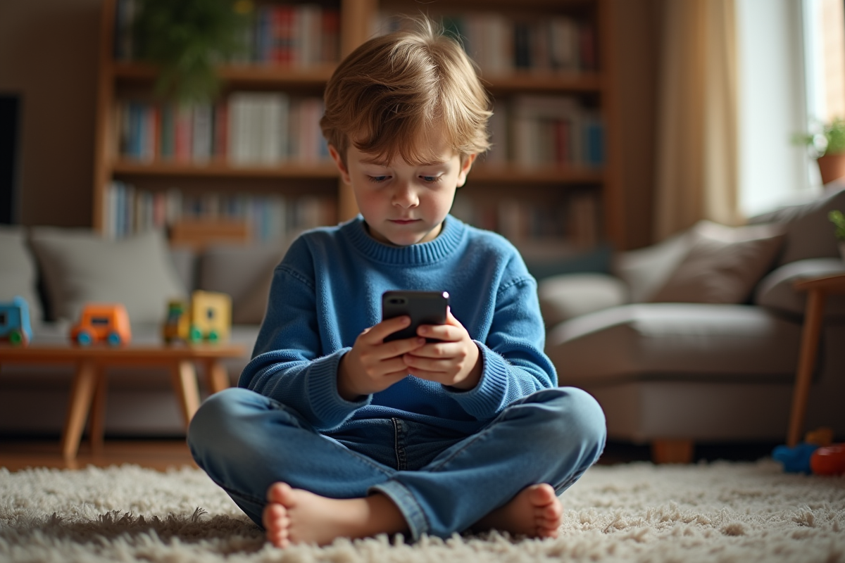 Garçon de 10 ans avec smartphone dans un salon chaleureux