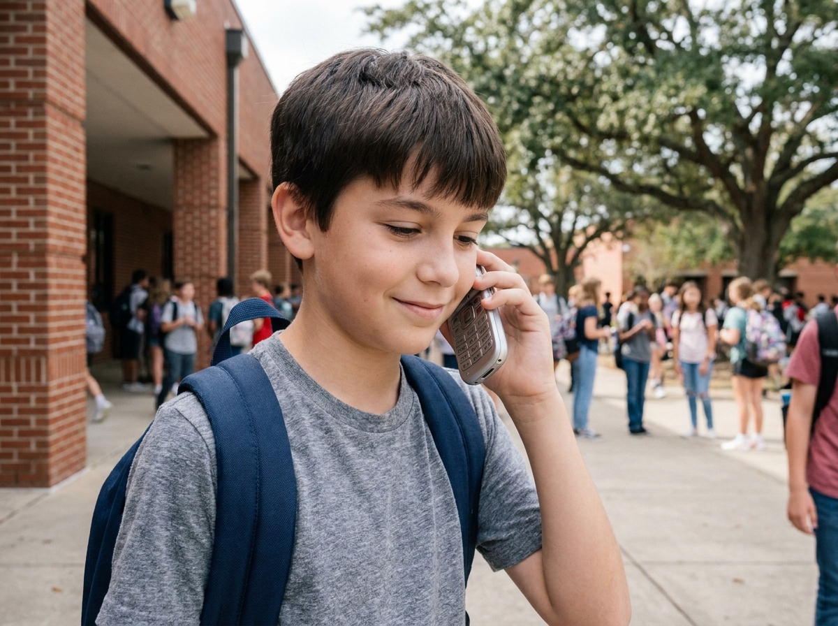 Garçon utilisant un téléphone à clavier devant son école