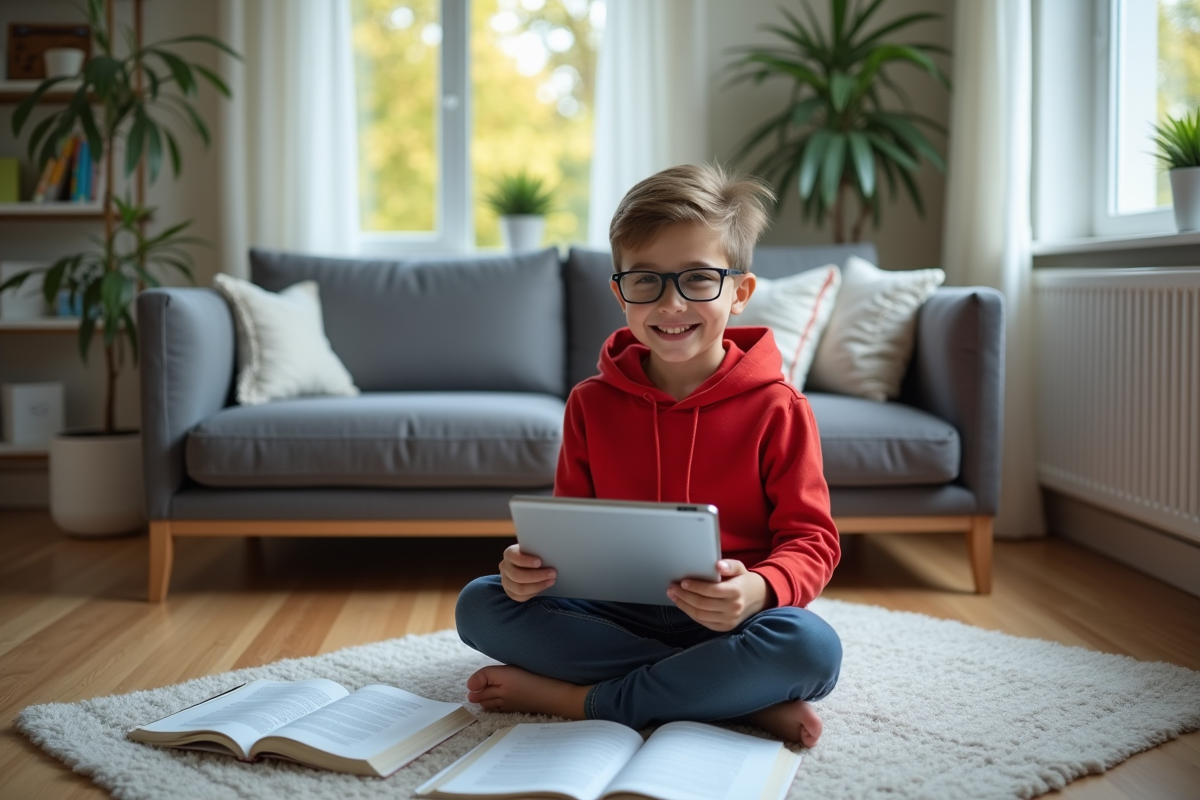 Garçon souriant en vidéochat dans le salon
