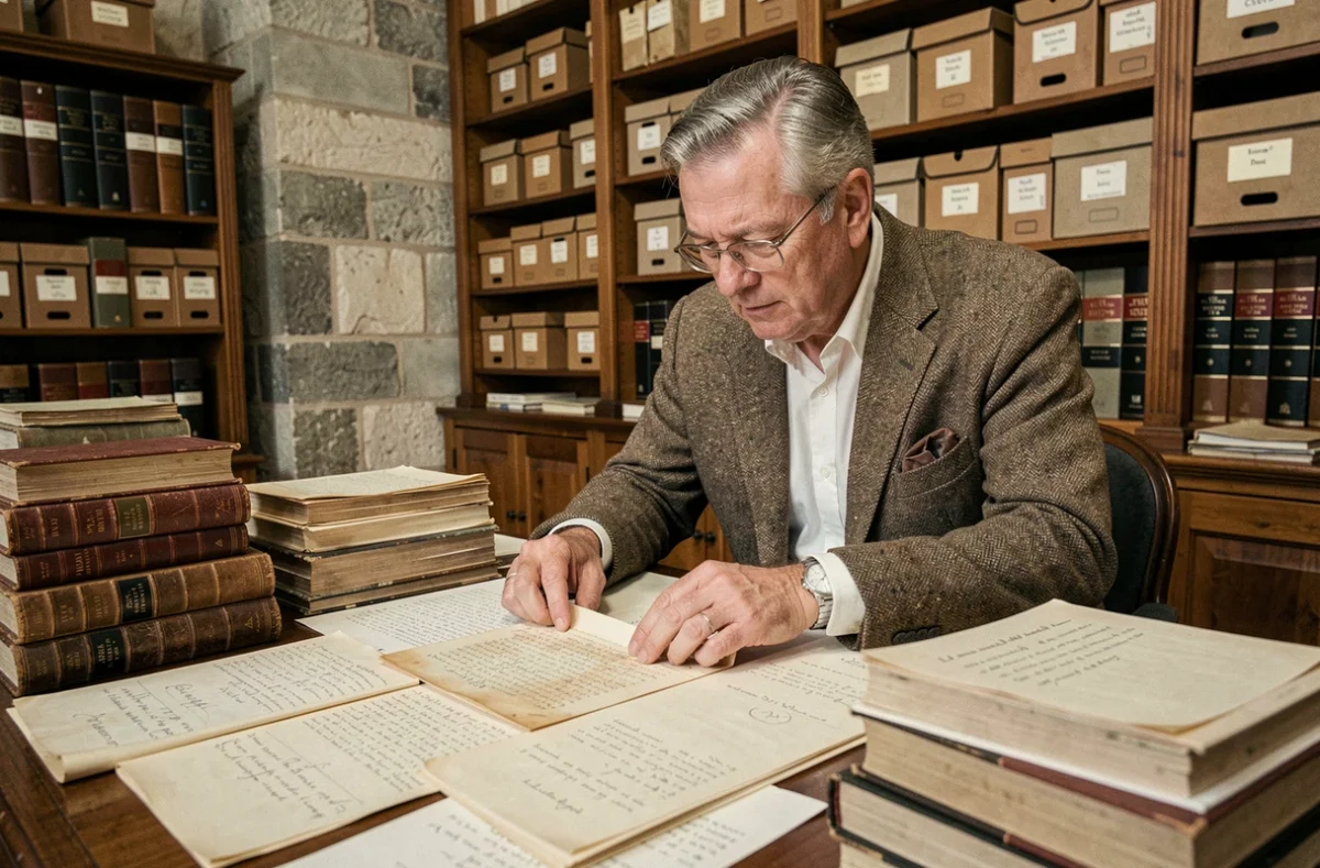 Généalogiste examinant des archives historiques françaises dans une salle de consultation municipale