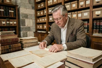 Généalogiste examinant des archives historiques françaises dans une salle de consultation municipale