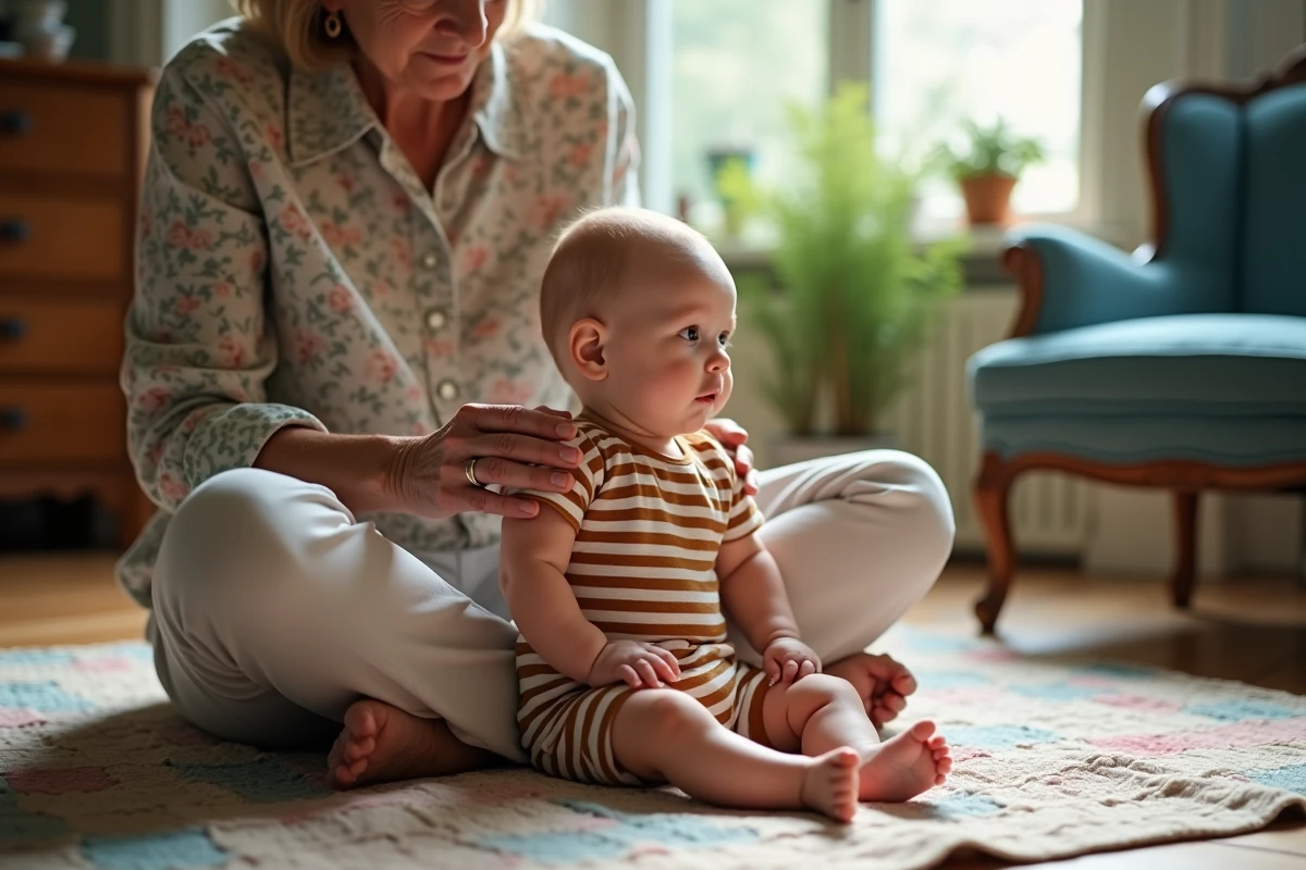 Grand-mère aidant son petit-enfant à s'asseoir correctement sur un parquet en bois, soutien postural bébé dos droit