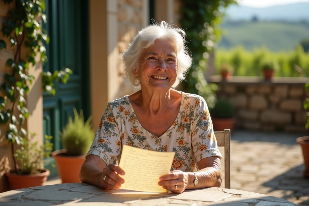 Grand-mère tenant une lettre avec des prénoms italiens dans une cour de campagne italienne