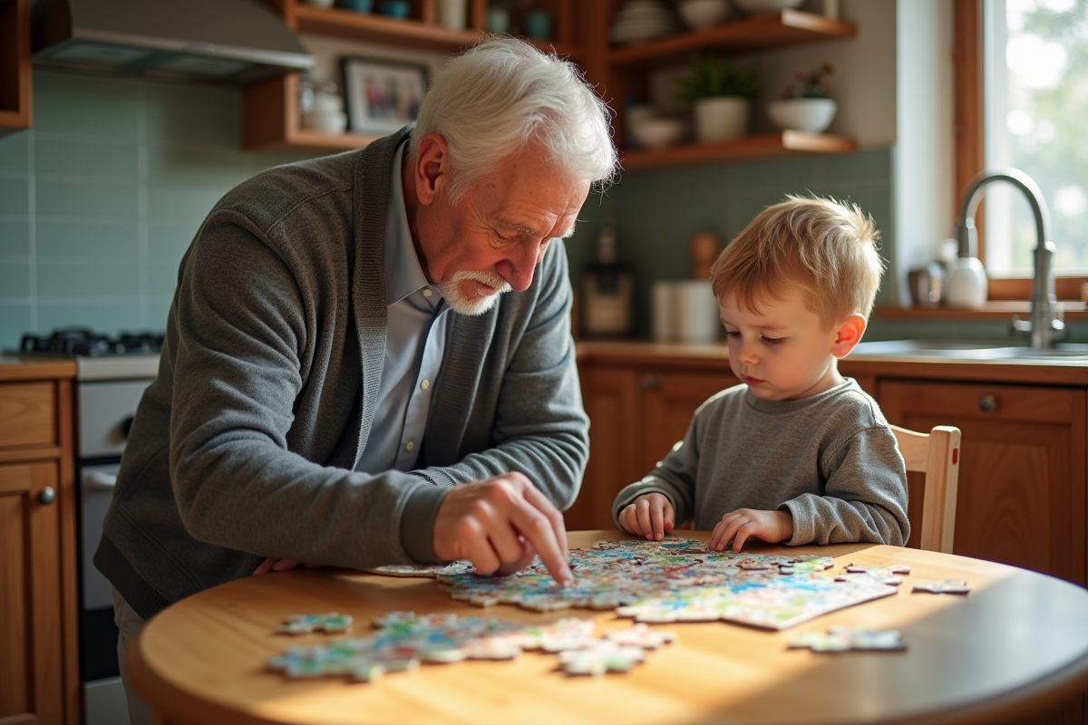 Grand-père et petit-fils résolvant un puzzle dans la cuisine