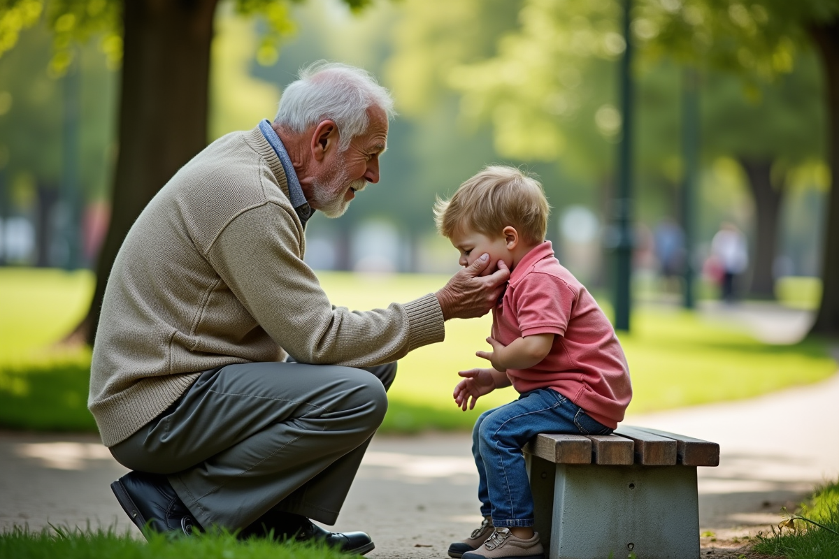 Grand-pere réconfortant un enfant dans un parc ensoleille