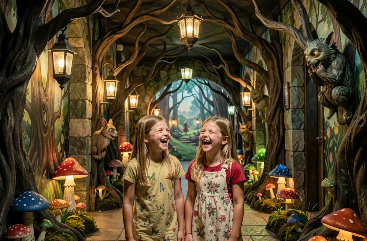Deux fillettes amusées devant un décor de conte de fées sombre et enchanteur au parc Grimmland