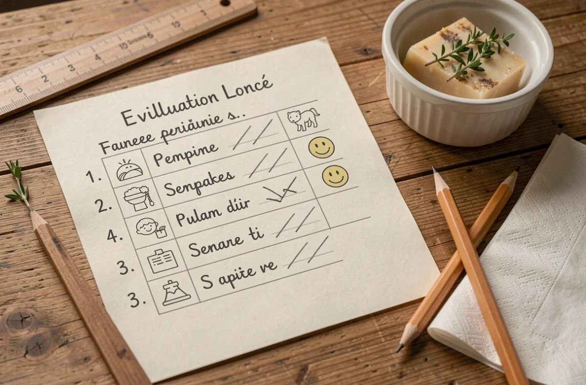 Gros plan sur une grille d'évaluation sensorielle remplie à la main posée sur un bureau scolaire avec des ingrédients de dégustation pour la semaine du goût