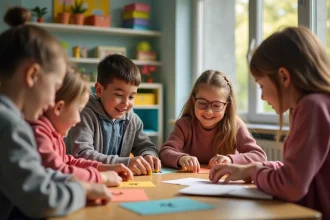 Enfants jouant au Kim dans une classe lumineuse