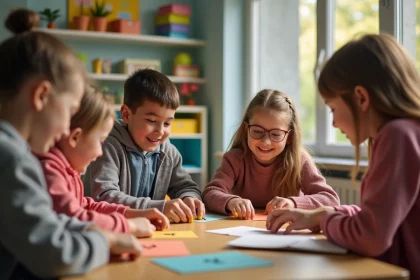 Enfants jouant au Kim dans une classe lumineuse